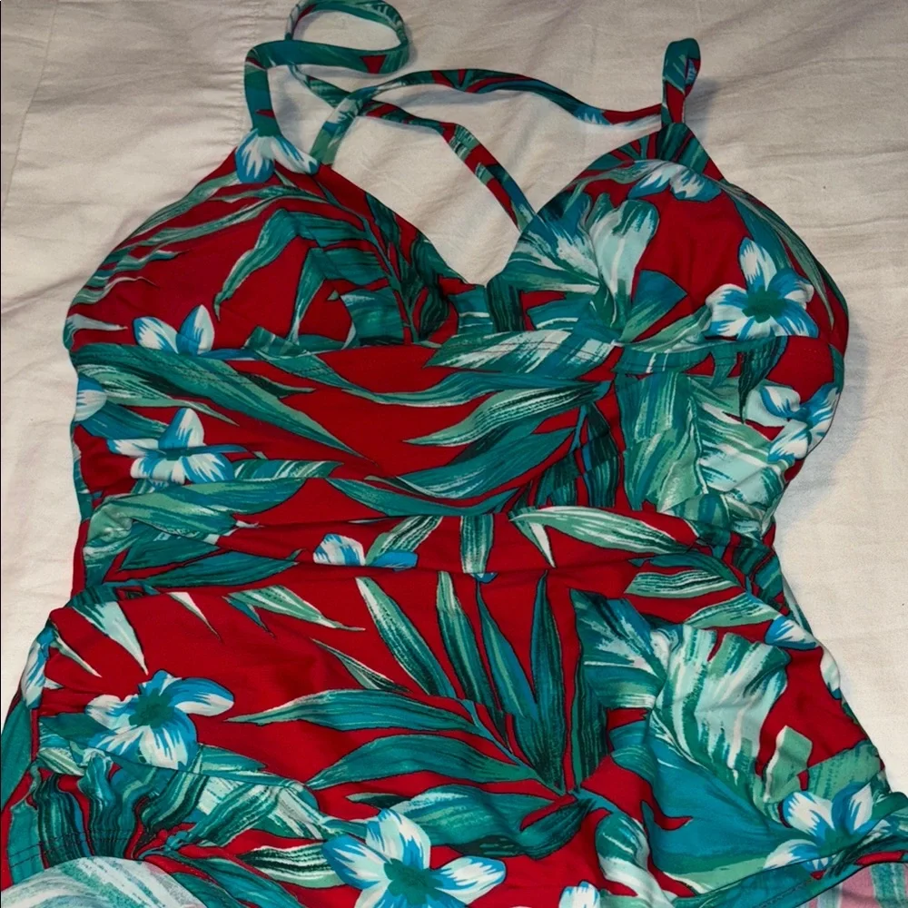 Merona Red and Green One Piece Swimsuit with Criss-Cross Straps